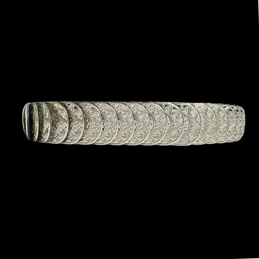 Womens‎ Ornate Coin Belt Elastic Band Silver Tone Statement Accent Vintage